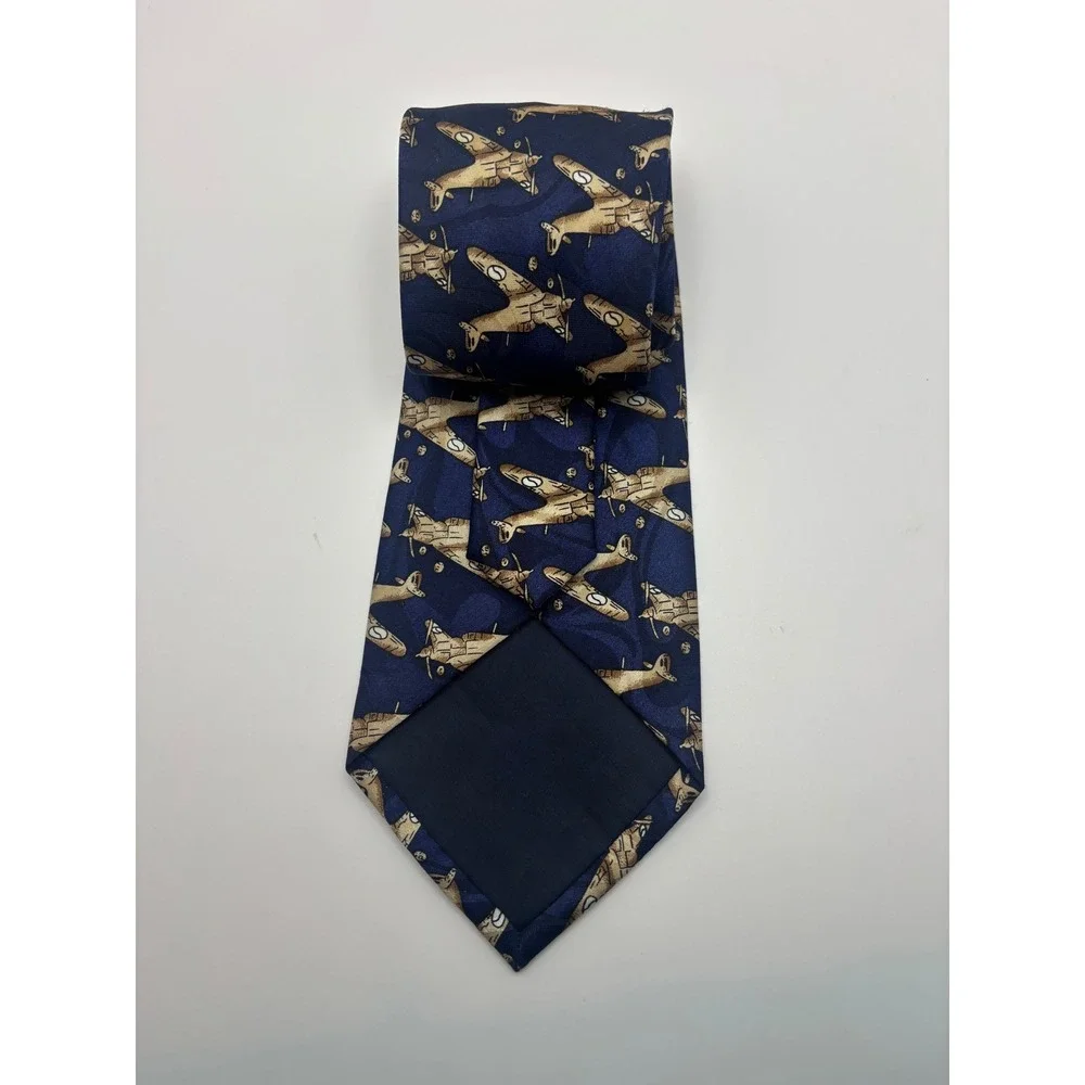 Fratello Mens Navy Blue Vintage Propeller Airplane Aviation Print Silk-Look Tie